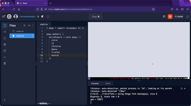 demonstration of running i3 in a repl via VNC