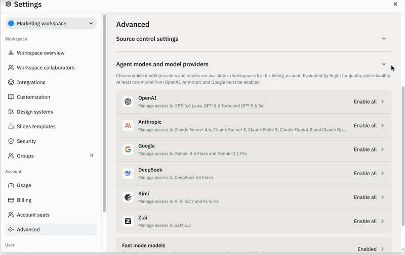 Workspace Settings - Compliant model selector
