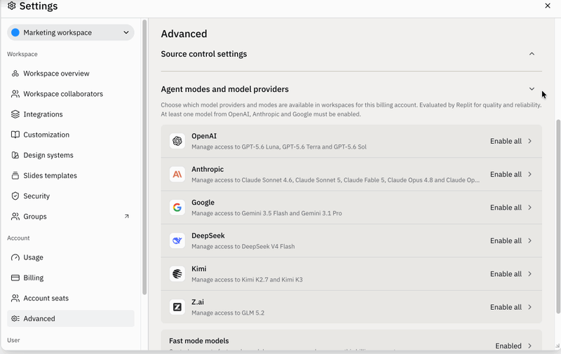 Workspace Settings - Compliant model selector