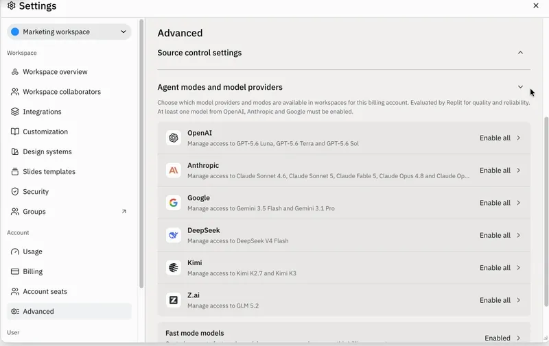 Workspace Settings - Compliant model selector