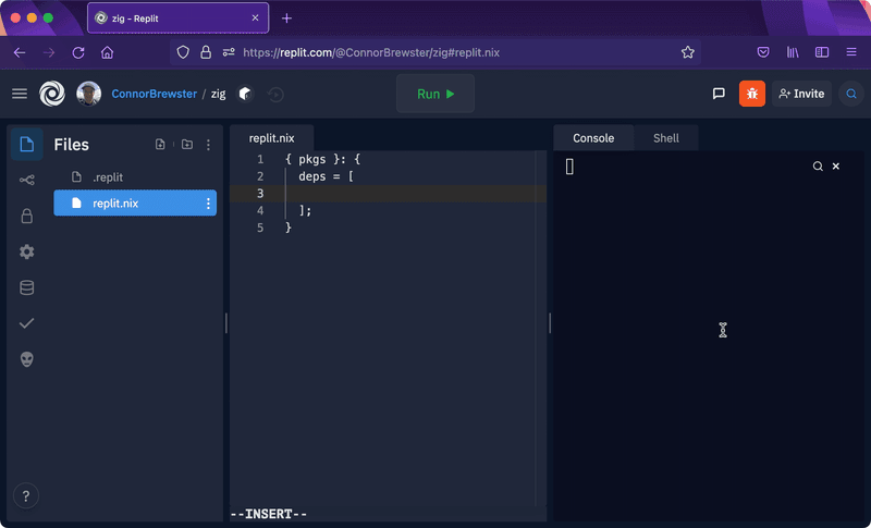 demonstration of setting up a zig repl via Nix